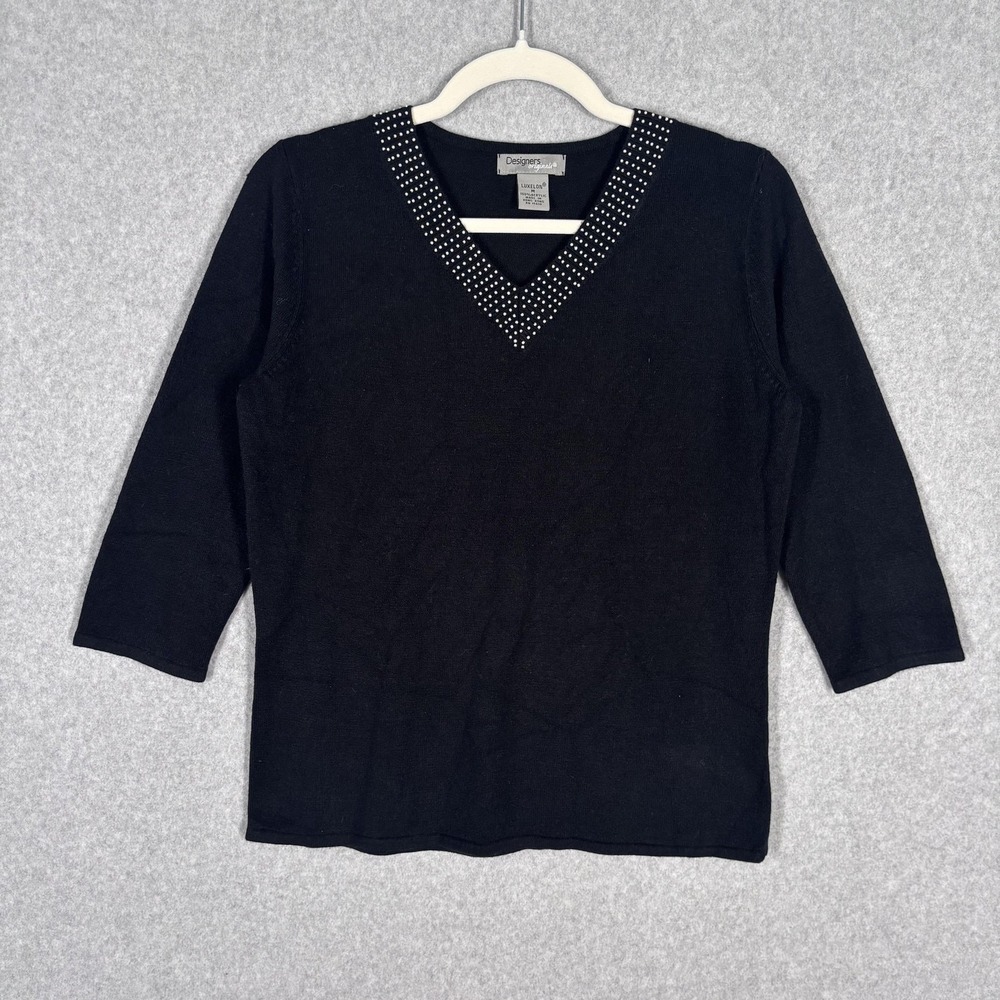 Vintage 90s Embellished Sweater Medium Black Mini Pearls Glam Soft‎ Thin Stretch